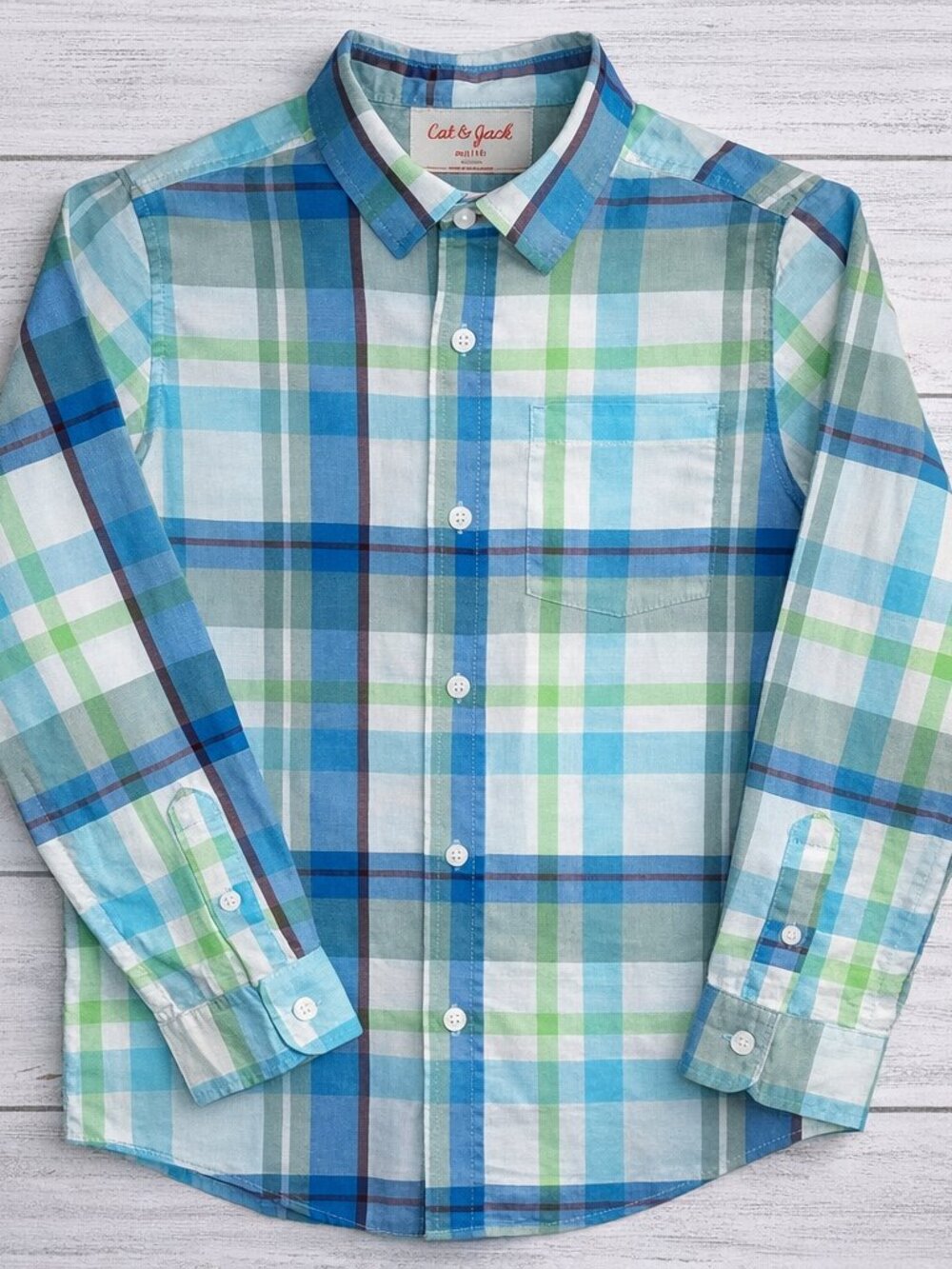 Cat & Jack Boys Plaid Button Down Shirt Size M 8/10 Blue Green
